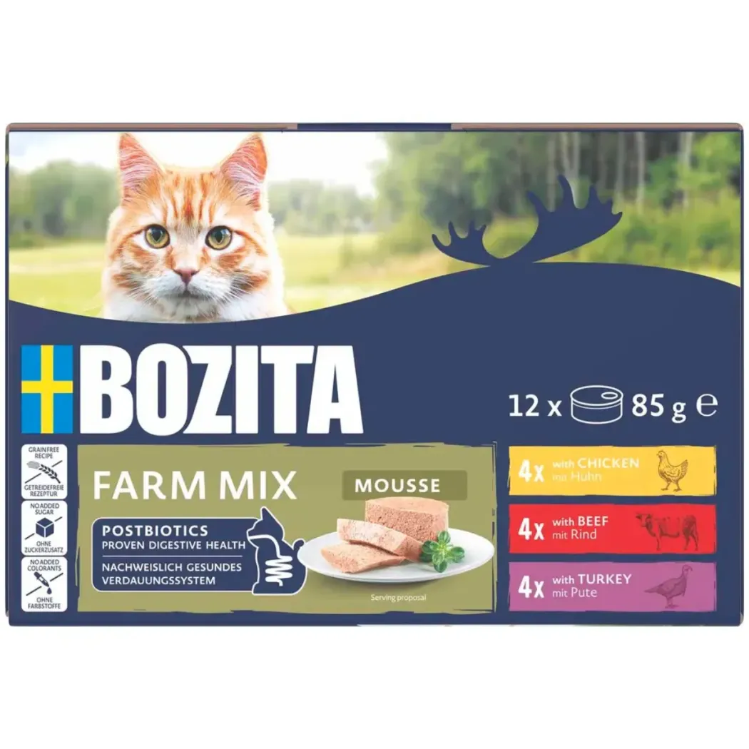 Bozita Mousse Mixedfarm 12x85 g - Kylling, Okse & Kalkun til Kat