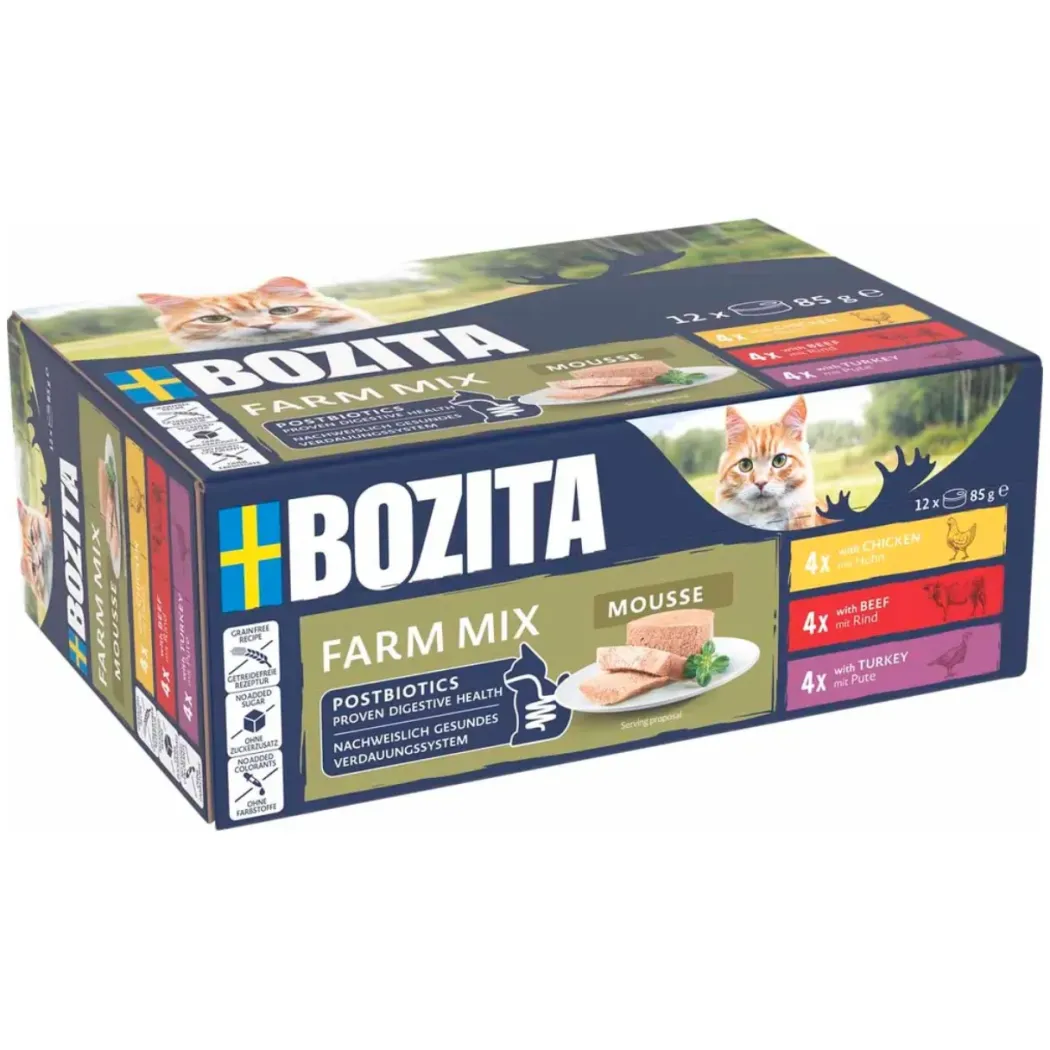Bozita Mousse Mixedfarm 12x85 g - Kylling, Okse & Kalkun til Kat